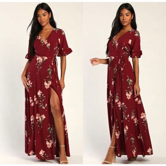LULUS September Sunsets Burgundy Floral Print Wrap Maxi Dress Size Small EUC U65 - Picture 1 of 9